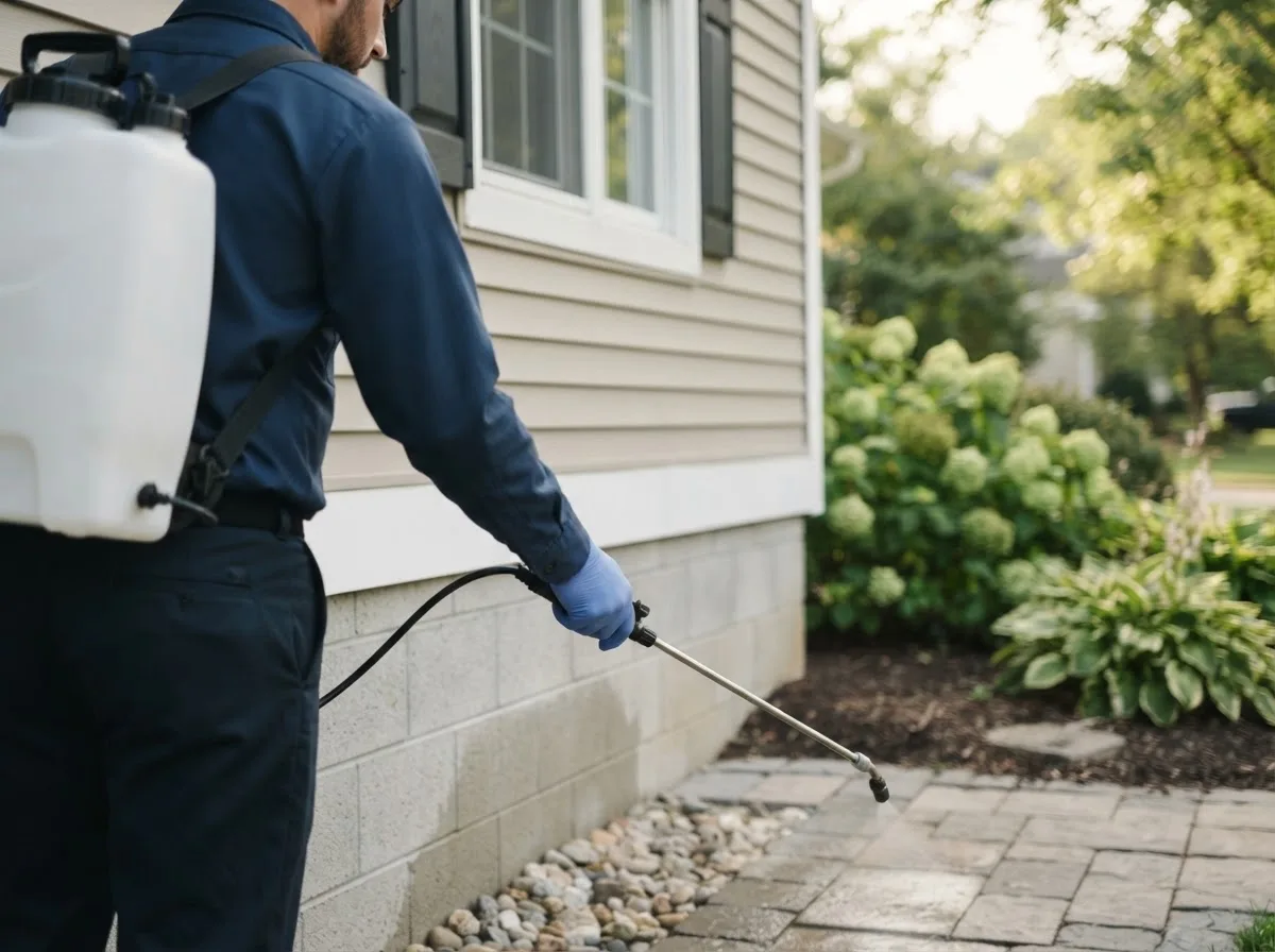 Pest control technician inspecting a home in Gibson, IA
